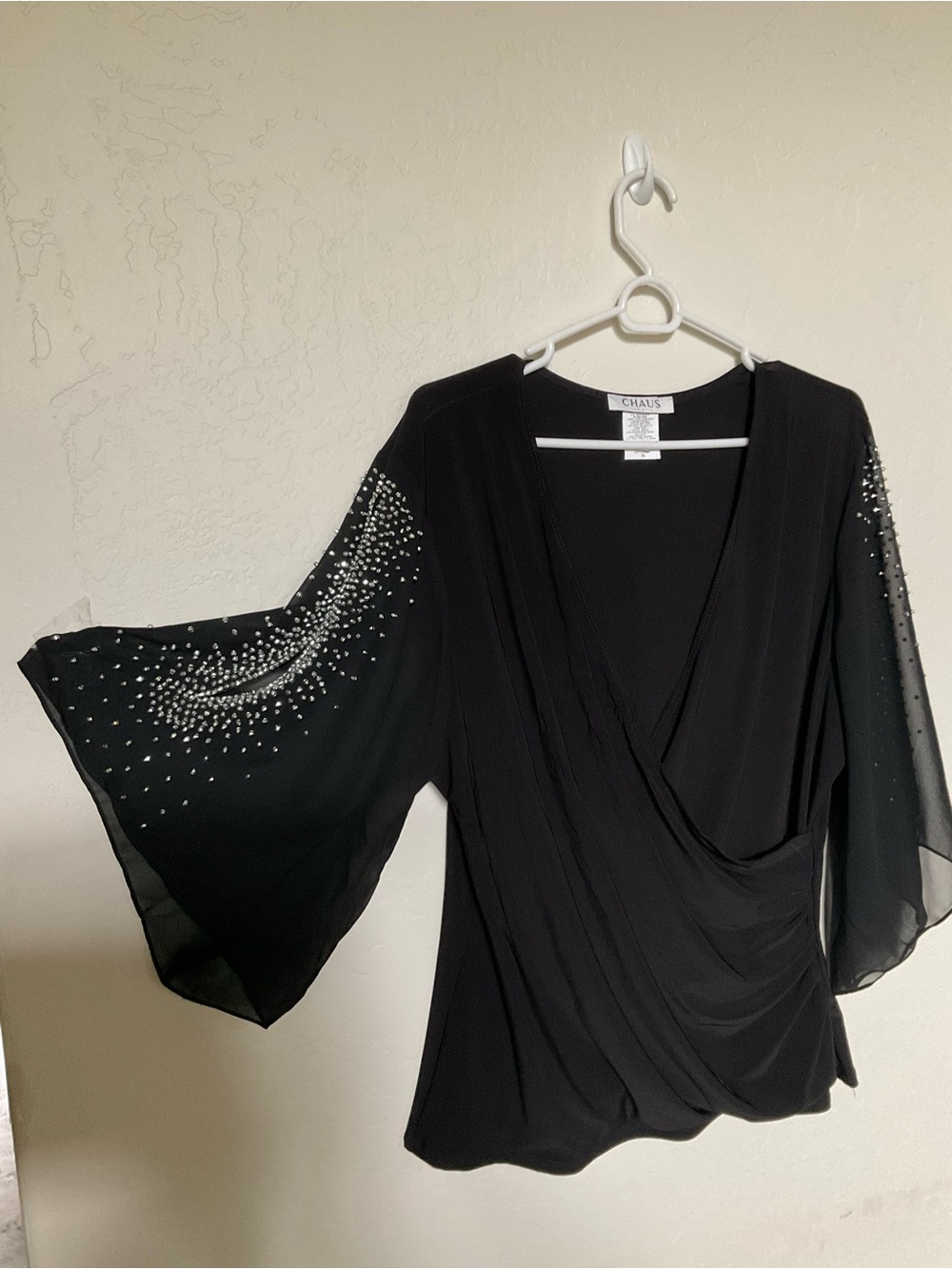 Chaus Black Draped Faux-Wrap Blouse with Rhinestone-Embellished Bell Sleeves